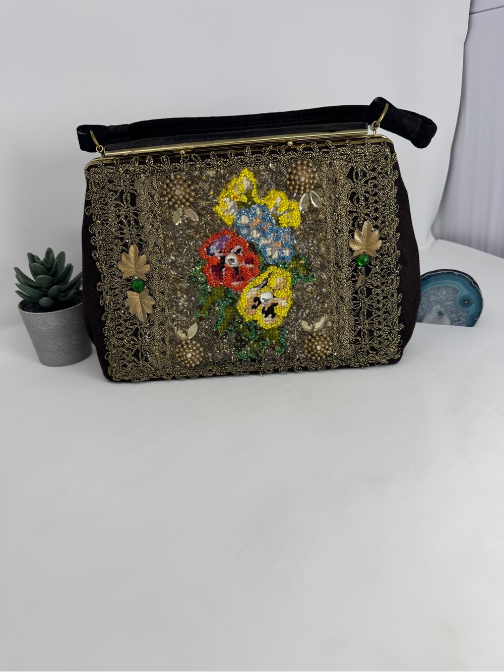 Vintage Carol of HoustonBeaded Black Multicolor Floral Embroidery Handbag